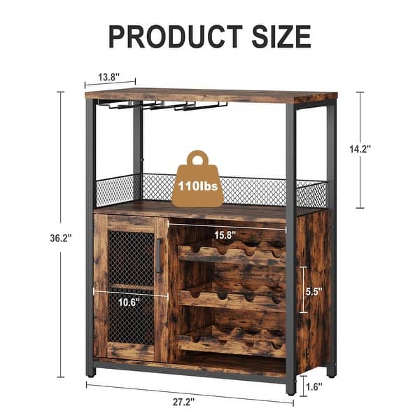 dimension image slide 0 of 2, 3-Tier Wine Bar Cabinet with LED Lights, Detachable Wine Rack and Storage Space,Grey - 27.2x13.8x36.2in