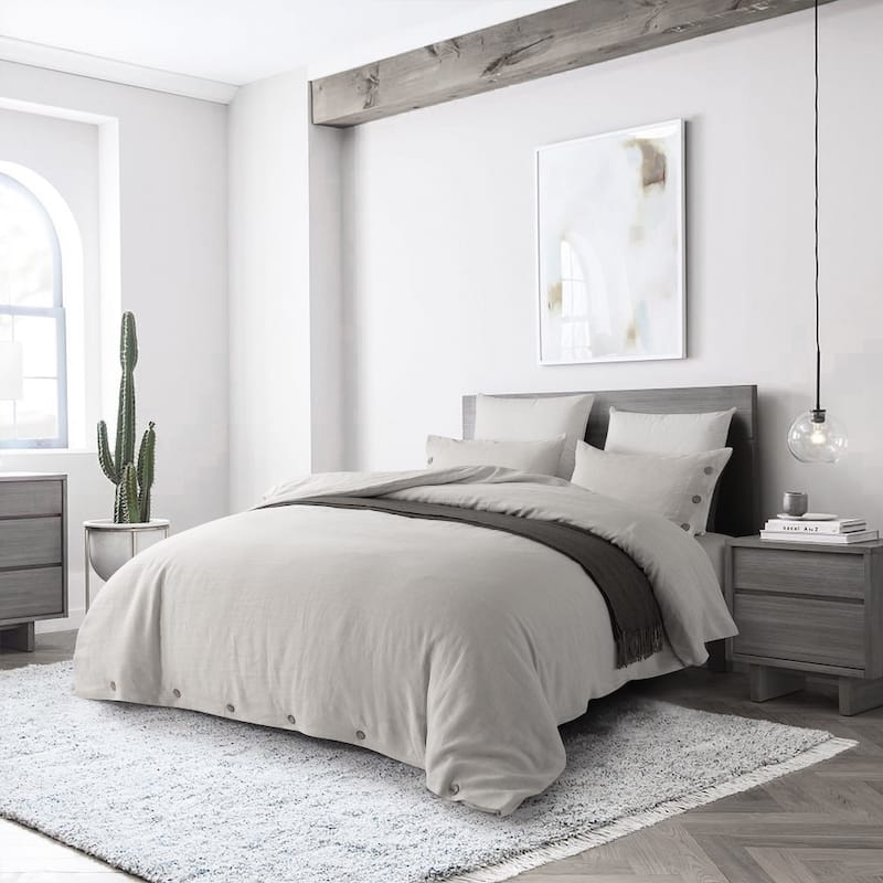 WHOLINENS Stone Washed French Linen Duvet Set 3Pcs Coconut Shell Button Closure - Natural - King
