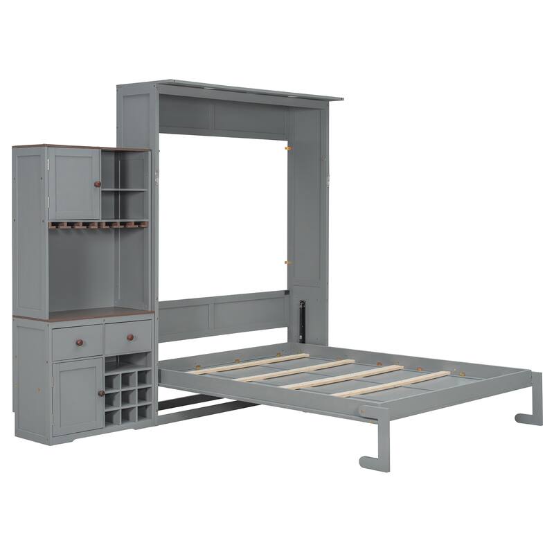 Queen Size Murphy Bed with Storage, Wine Rack, LED Lighting, and Drawers, Gray