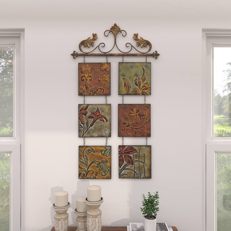 Multi Colored Metal Embossed Floral Home Wall Decor with 6 Suspended Panels and Scroll Details