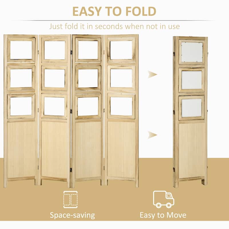 HOMCOM 4 Panel Room Divider, 5.6' Indoor Wood Portable Folding Privacy Screens with Photo Frames and Cardstocks