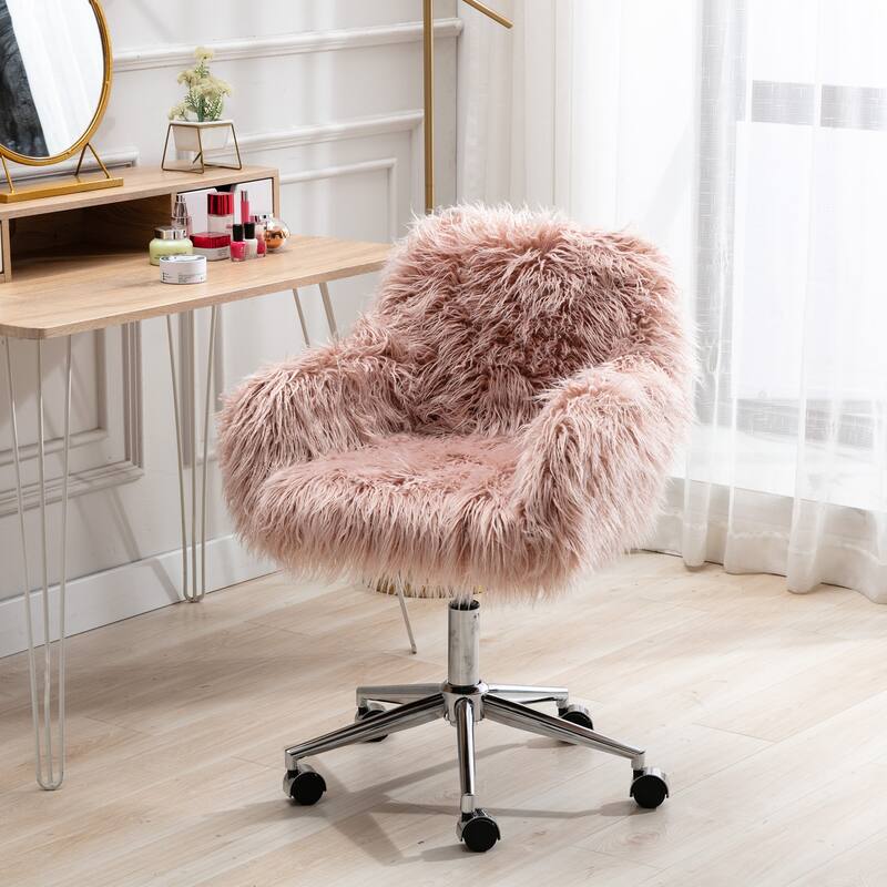 Modern Faux fur home office chair, fluffy chair for girls, makeup vanity Chair with Gold Plating Base