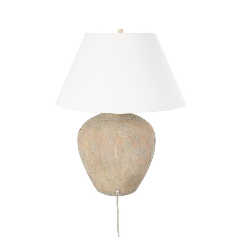 Ceramic Wide Rounded Distressed Antique Table Lamp with Cream Linen Shade - Black or Brown - Roche River Decor