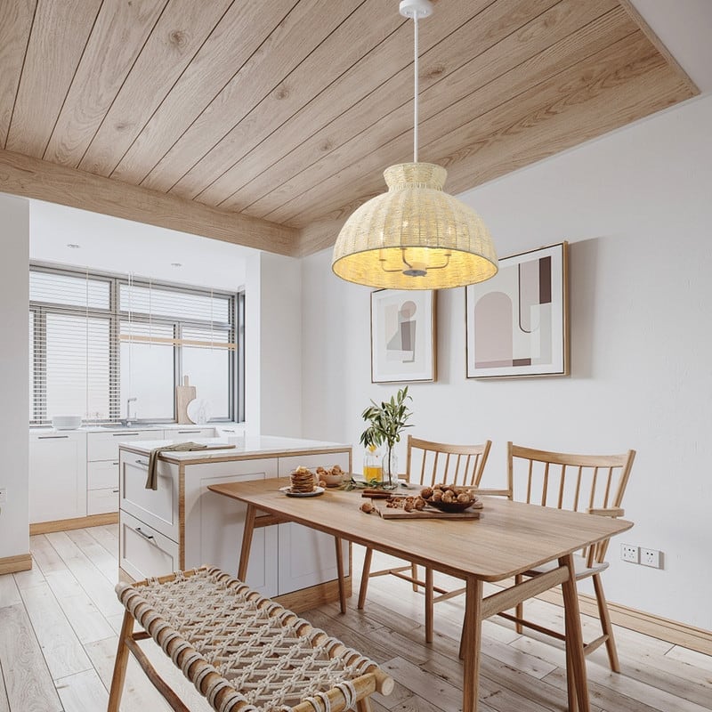 Boho Woven Rope Pendant Light Matte White and Beige 4 Light Ceiling Lamp for Dining Room or Kitchen Island