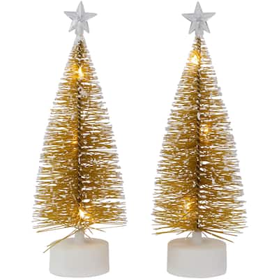 Set of 2 LED Gold Mini Bottle Brush Pine Christmas Village Trees