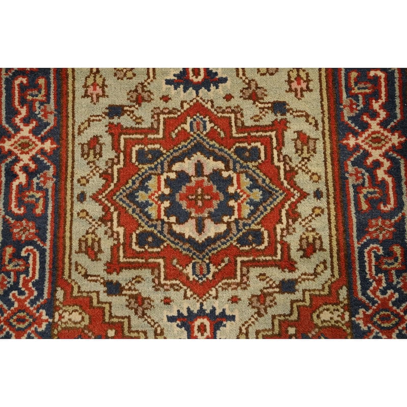Hand Knotted Oriental 100% Wool Carpet Traditional Geometric Beige & Ivories Heriz (serapi) Runner Rug - 8' 1'' X 2' 7''