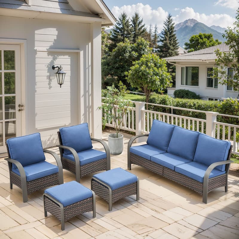 Outdoor 3 Seats Sofa with Ottoman, Club Chairs Furniture Set - Blue - Brown