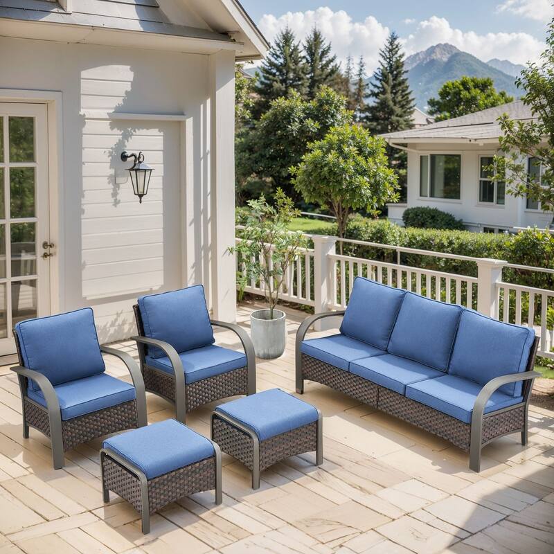 Pocassy Outdoor Sofa PE Wicker Furniture Set - Blue Cushion - 5PCS Sofa Patio Chair with Ottoman