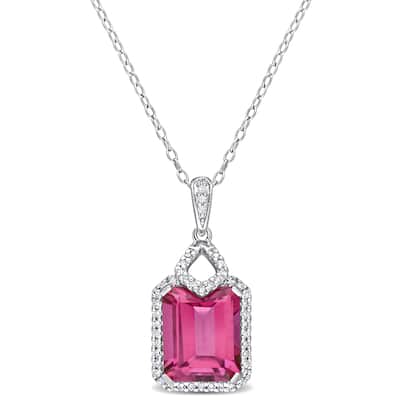 Miadora 5 3/5ct TGW Pink Topaz 1/4ct TW Diamond Halo Necklace Sterling Silver