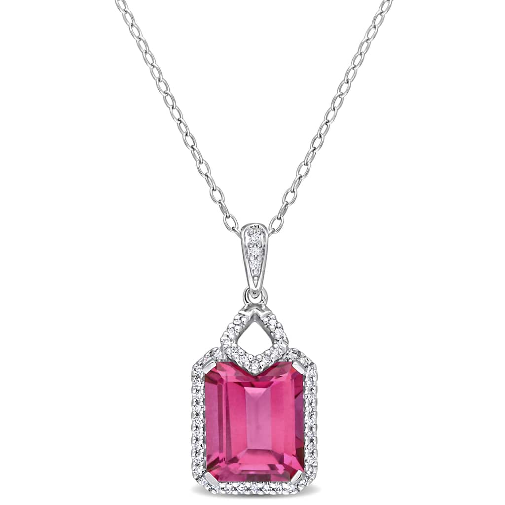 Miadora 5 3/5ct TGW Pink Topaz 1/4ct TW Diamond Halo Necklace Sterling Silver