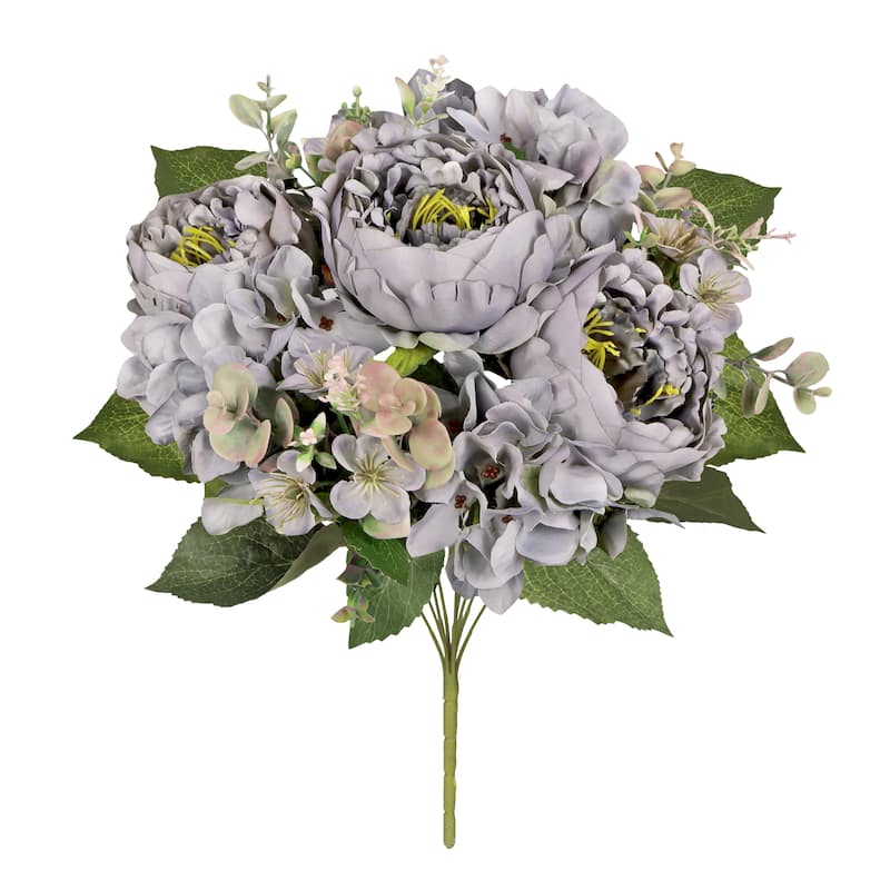 Set of 2 Grey Artificial Mixed Peony Hydrangea Blossom Flower Stem Bush Bouquet 17in - 17" L x 11" W x 11" DP - Grey - 17" L x 11" W x 11" DP