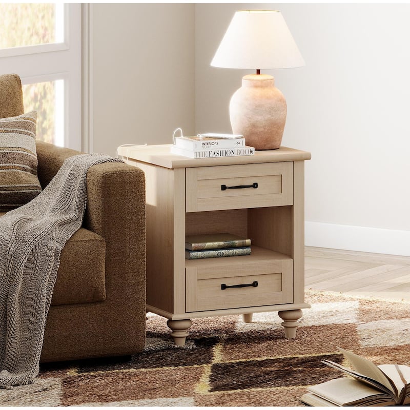 Mid Century End Table Nightstands with Charging Station & Drawer
