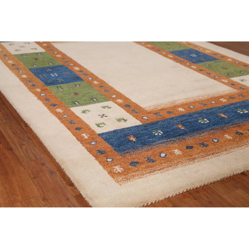 Tribal Geometric Gabbeh Area Rug Modern Hand-Tufted Wool Carpet - 5'3" x 7'7" - 5'3" x 7'7" - Ivory/Beige