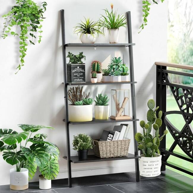 Multipurpose 4-Tier Industrial Leaning Wall Bookcase with Metal Frame - 25'' x 14'' x 60'' (L x W x H)