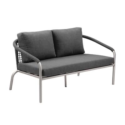 Phil 57 Inch Outdoor Sofa, Gray Fade Resistant Upholstery, Silver Aluminum
