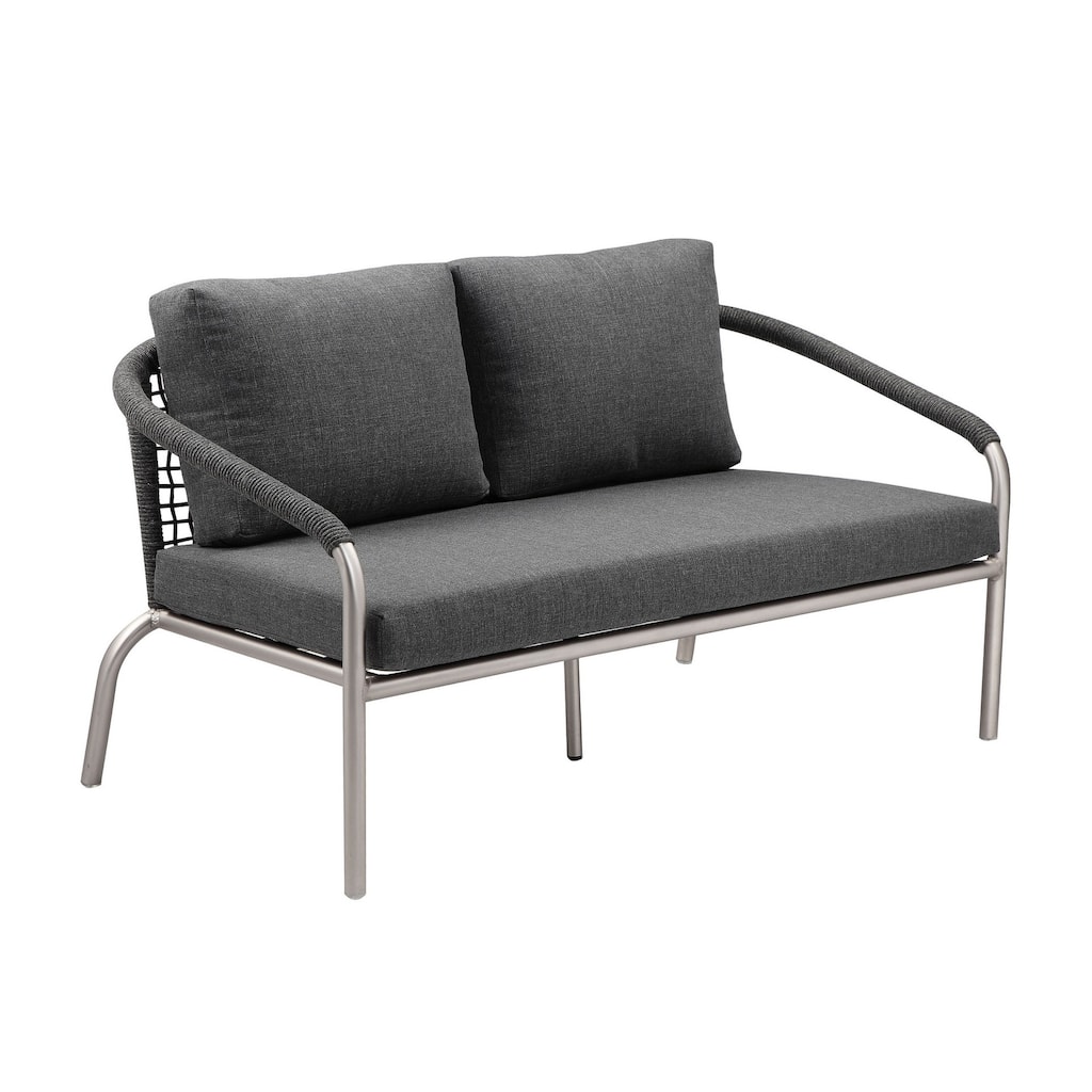 Phil 57 Inch Outdoor Sofa, Gray Fade Resistant Upholstery, Silver Aluminum