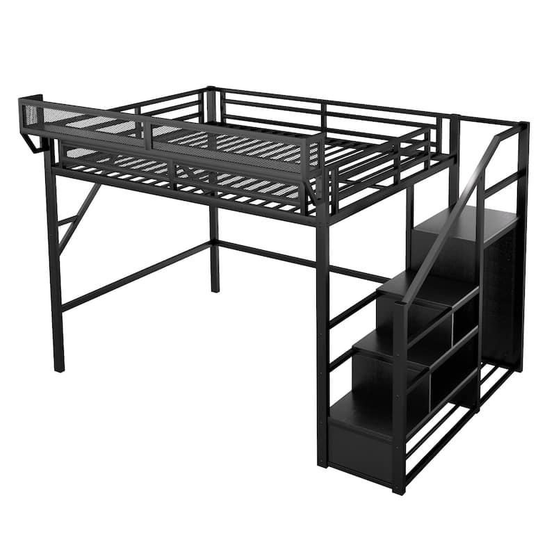 Queen Size Loft Bed with Stairs, Metal Queen Loft Bed with Storage Shelves, High Loft Bed with Wardrobe for Kids Teens Adults