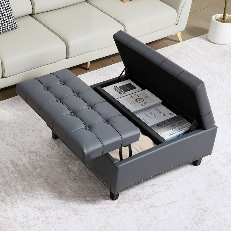 Tufted Lift Top Storage Ottoman Elegant Gray PU Leather with Hidden Compartment Child Safe Hinges