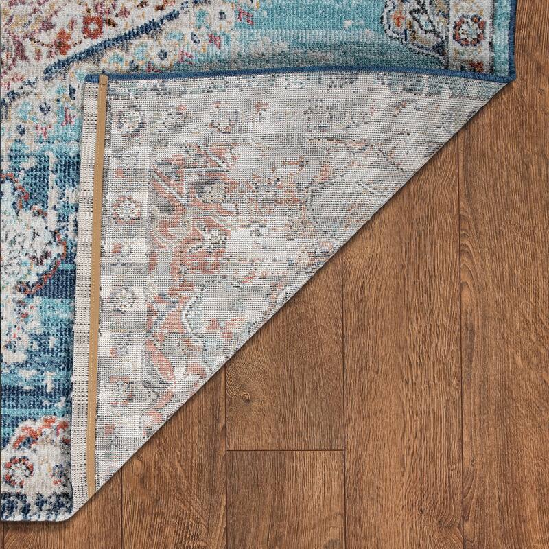 In & Outdoor Area Rug for Patio Oriental Pattern In Blue Grey and Pink