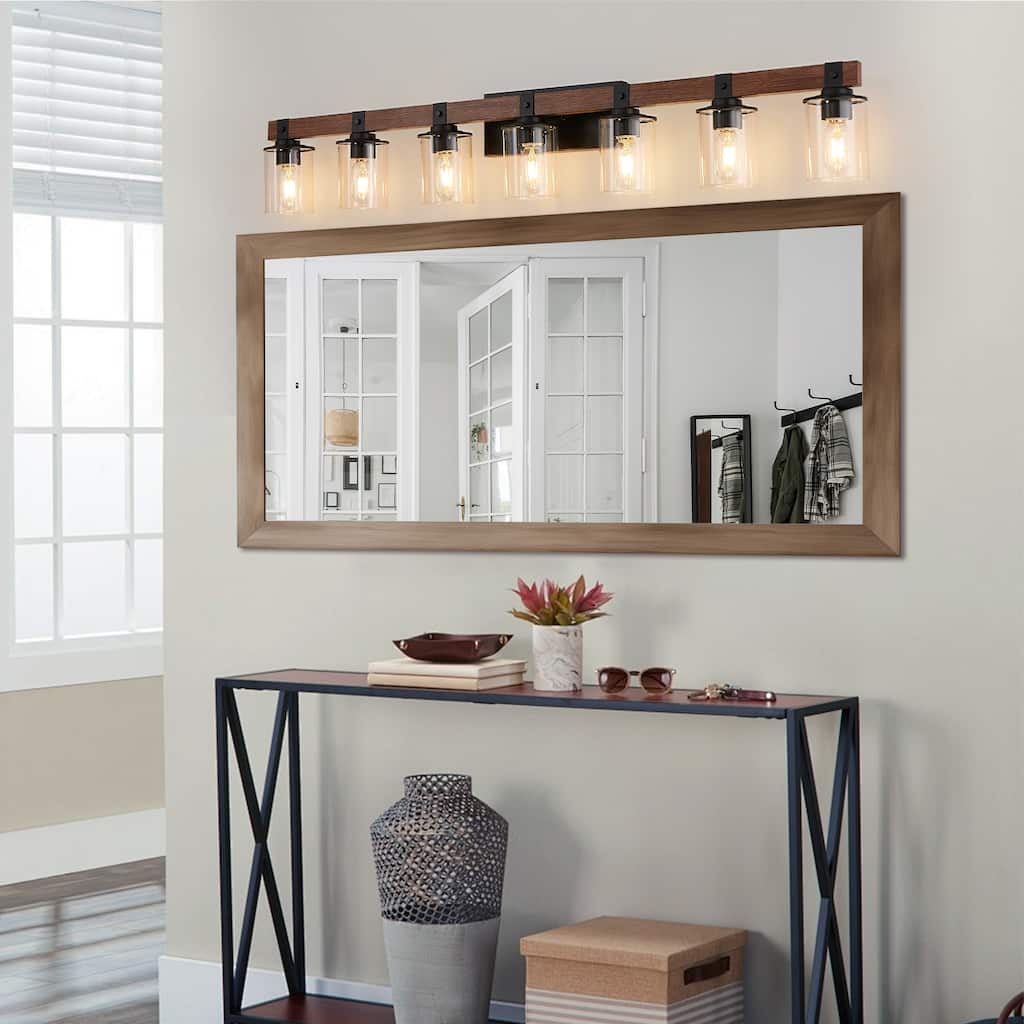 50" Rustic 7-Light Vanity Light, Industrial Bathroom Wall Sconce with Glass Shades and Wood Accent(No Bulbs) - Walnut