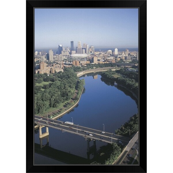 "River in front of city skyline, Minneapolis, Minnesota" Black Framed Print