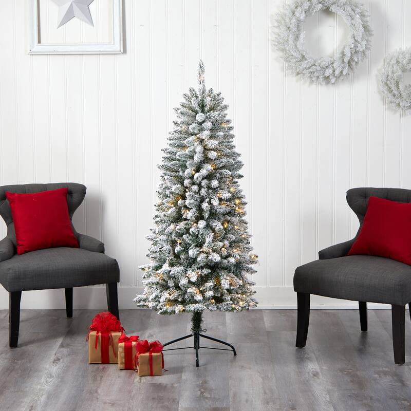 5' Flocked Slim Montreal Artificial Christmas Tree, Warm Clear LED - 5 Foot