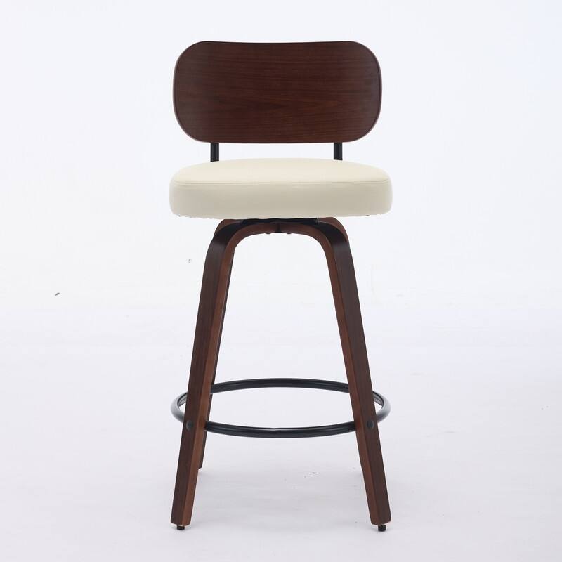 Swivel Bar Stools Set of 2, 26" Modern Faux Leather Counter Stools with Walnut Finish & 360 Degree Spin