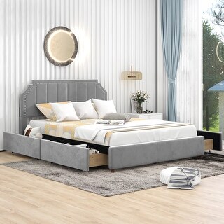Queen Size Upholstery Platform Bed with Four Storage Drawers,Support Legs