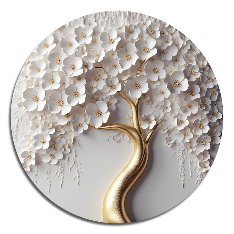 Designart "White Orchid Tree Garden Of Branches VIII" Tree Floral Metal Round Wall Art Print On Metal