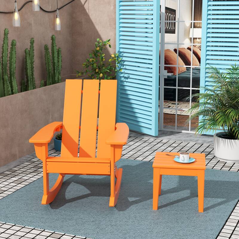 Shoreside Modern Eco-Friendly All Weather Poly Adirondack Rocking Chair with Side Table (2-Piece Set) - Orange