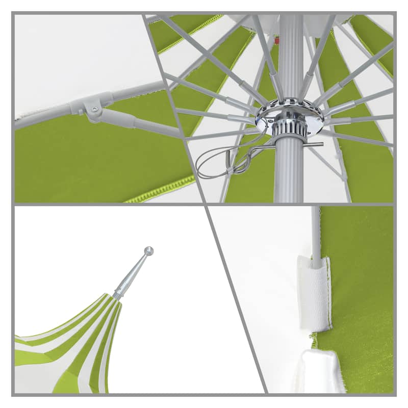 California Umbrella 8.5' Pagoda Series Patio Umbrella Silver Anodized Aluminum Pole Push Lift Sunbrella Natural & Pacific Blue