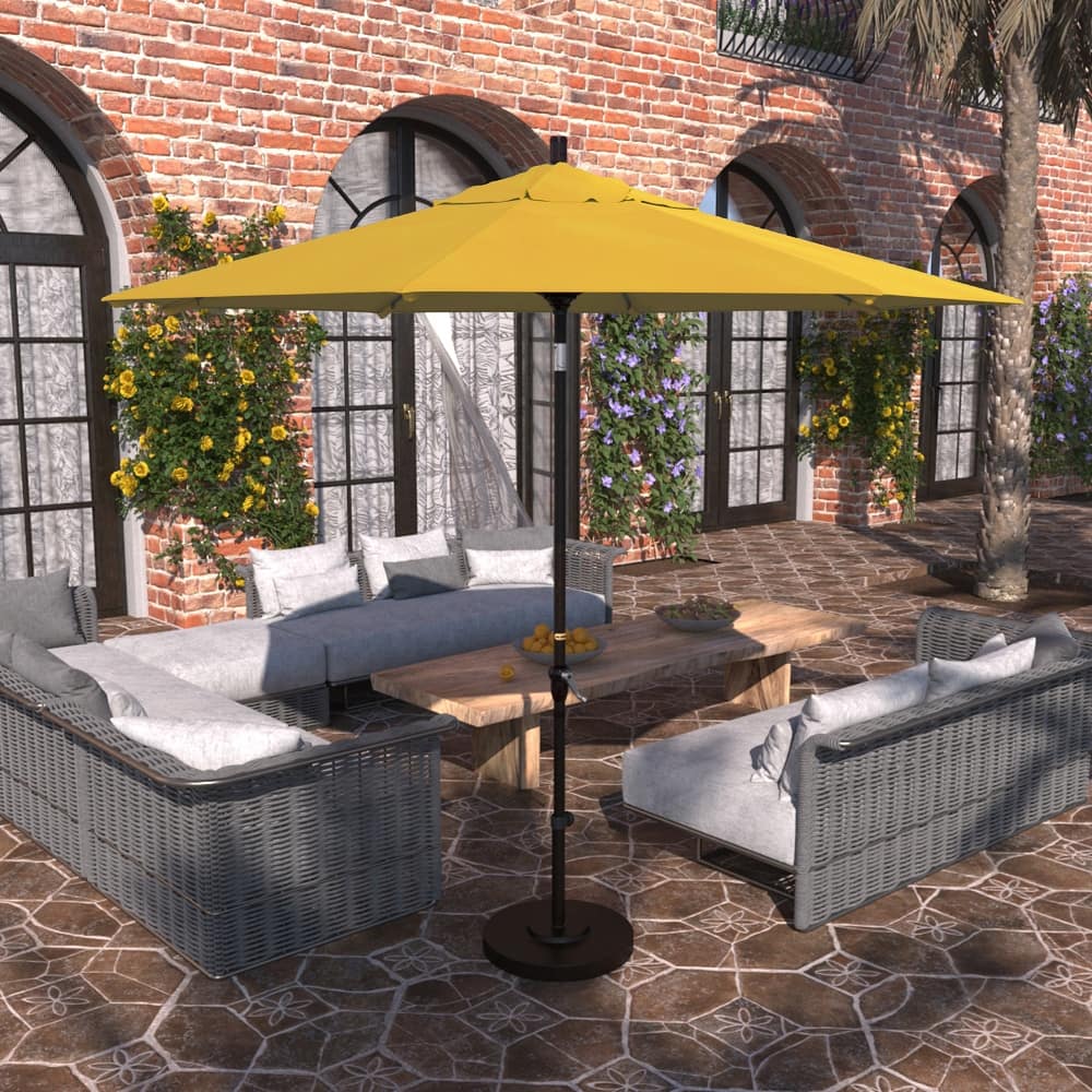 California Umbrella 9' Sunset Series Patio Umbrella Bronze Aluminum Frame and Ribs, Crank Lift Auto Tilt, Pacifica Pacific Blue