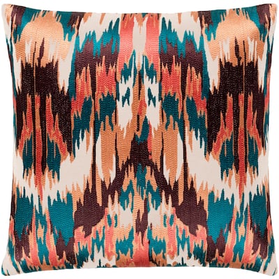 Virgil Peach & Emerald Embroidered Ikat Throw Pillow Cover (22" x 22")