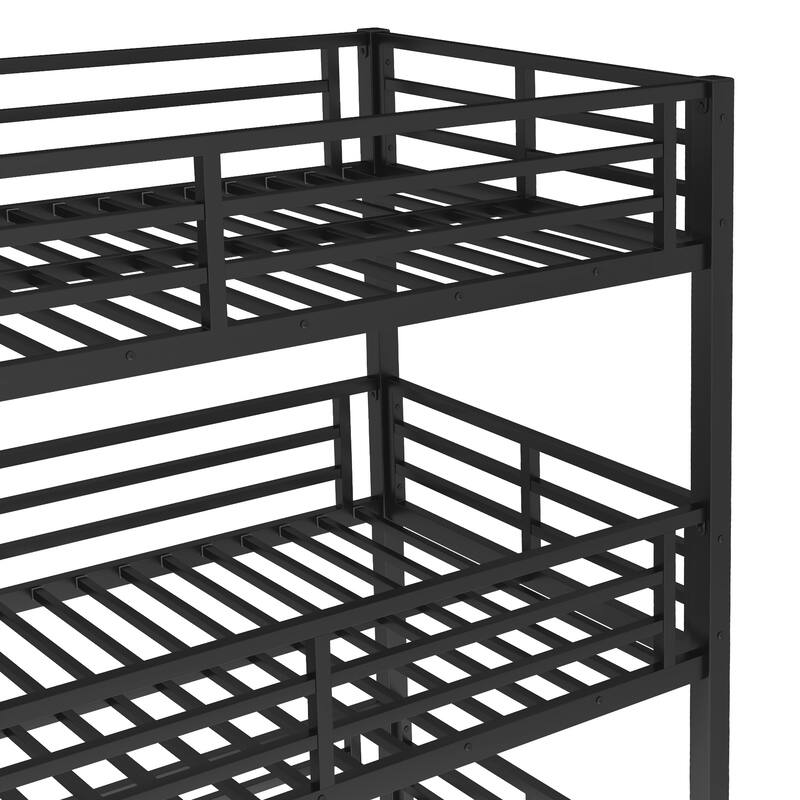 Twin/Twin/Full Triple Bunk Bed with Slide - Metal Frame, Safety Guardrails, Noise-Reduced (Black)