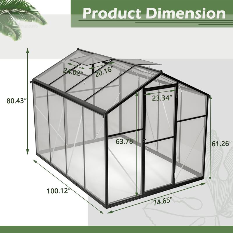 6x8 FT Greenhouse, Polycarbonate Greenhouse with Quick Setup Structure and Roof Vent, Aluminum Large Walk-in Greenhouse