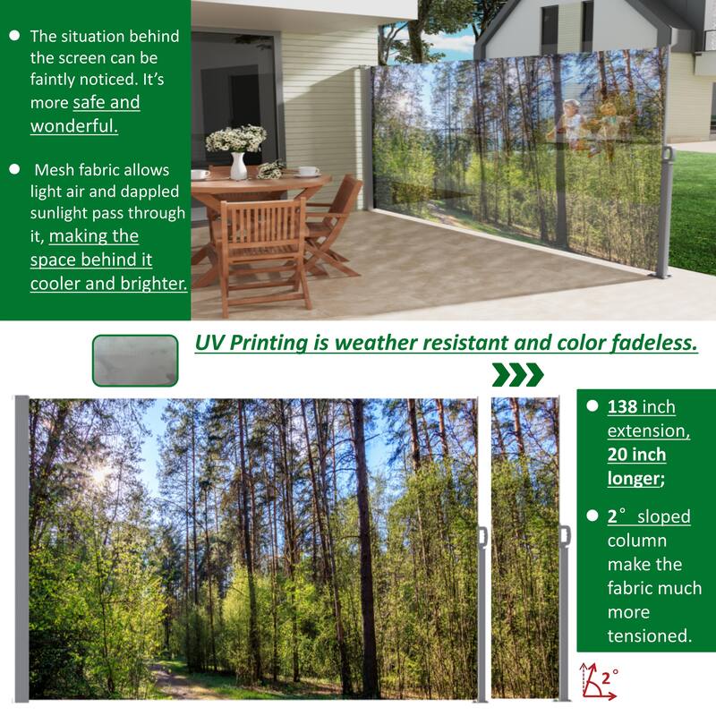 71"x138" Patio Retractable Side Awning Screen, semi-transparent with UV printing, ideal for blocking dust,sunshine and wind