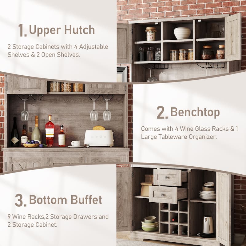 Coffee Bar Cabinet with Drawers and Shelves, Freestanding Kitchen Pantry with Cabinets, Wine Cabinet with Glass Racks