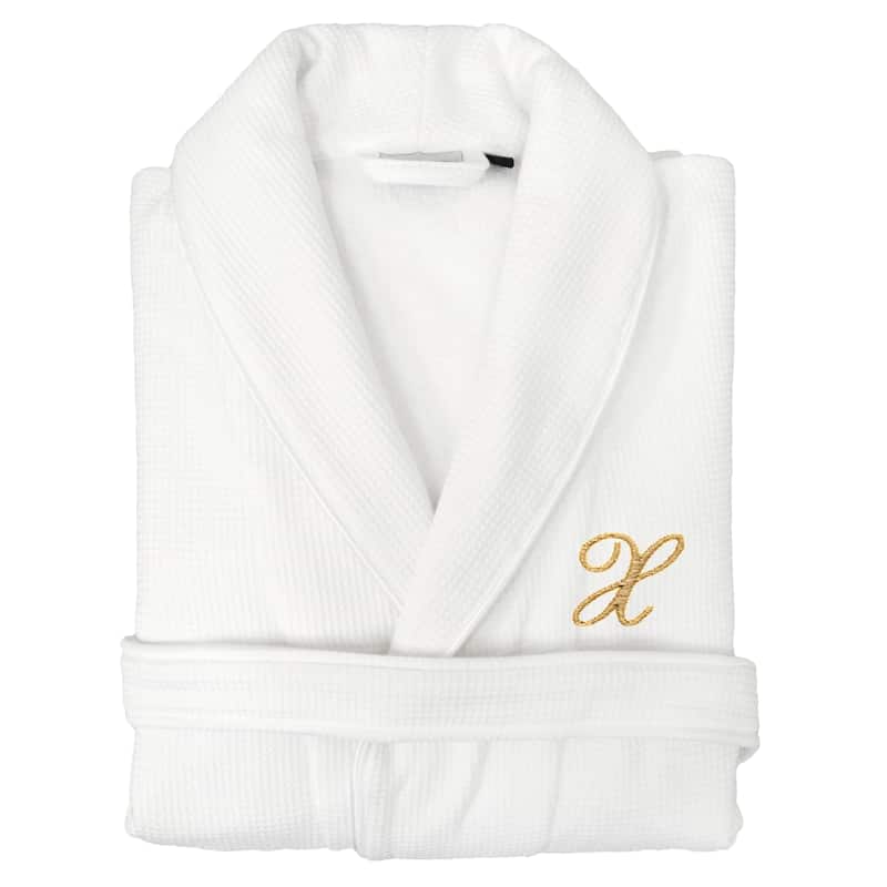 Authentic Hotel and Spa Unisex Gold Monogrammed Turkish Cotton Waffle Weave Terry Bath Robe - S/M - X
