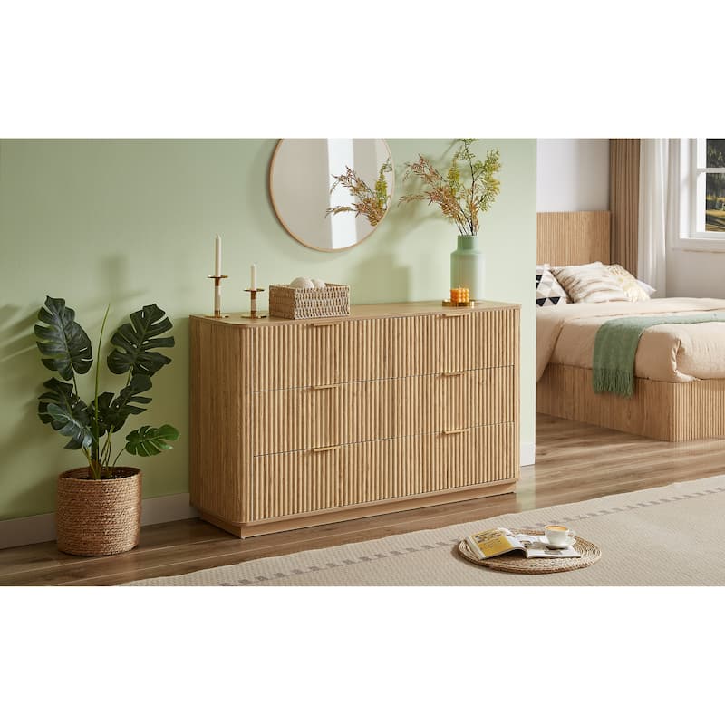 Anmytek Natural Wooden 6-Drawer Double Dresser with Wavy Drawers