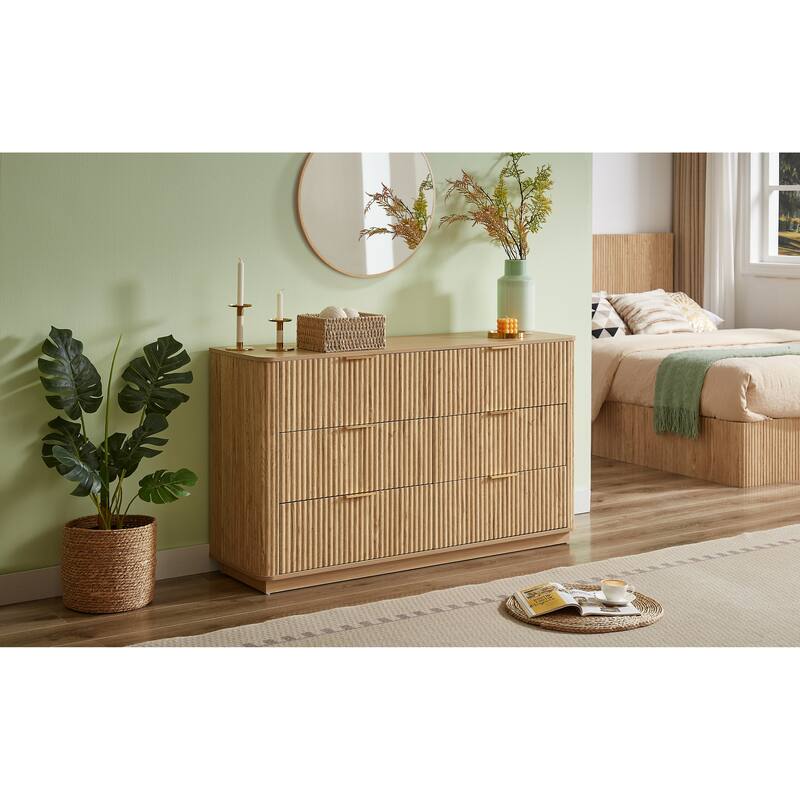 Fluted Dresser with 6 Drawers, Curved Wooden Storage Dressers TV Stand, Multi-functional Closet Clothes Storage Organizer