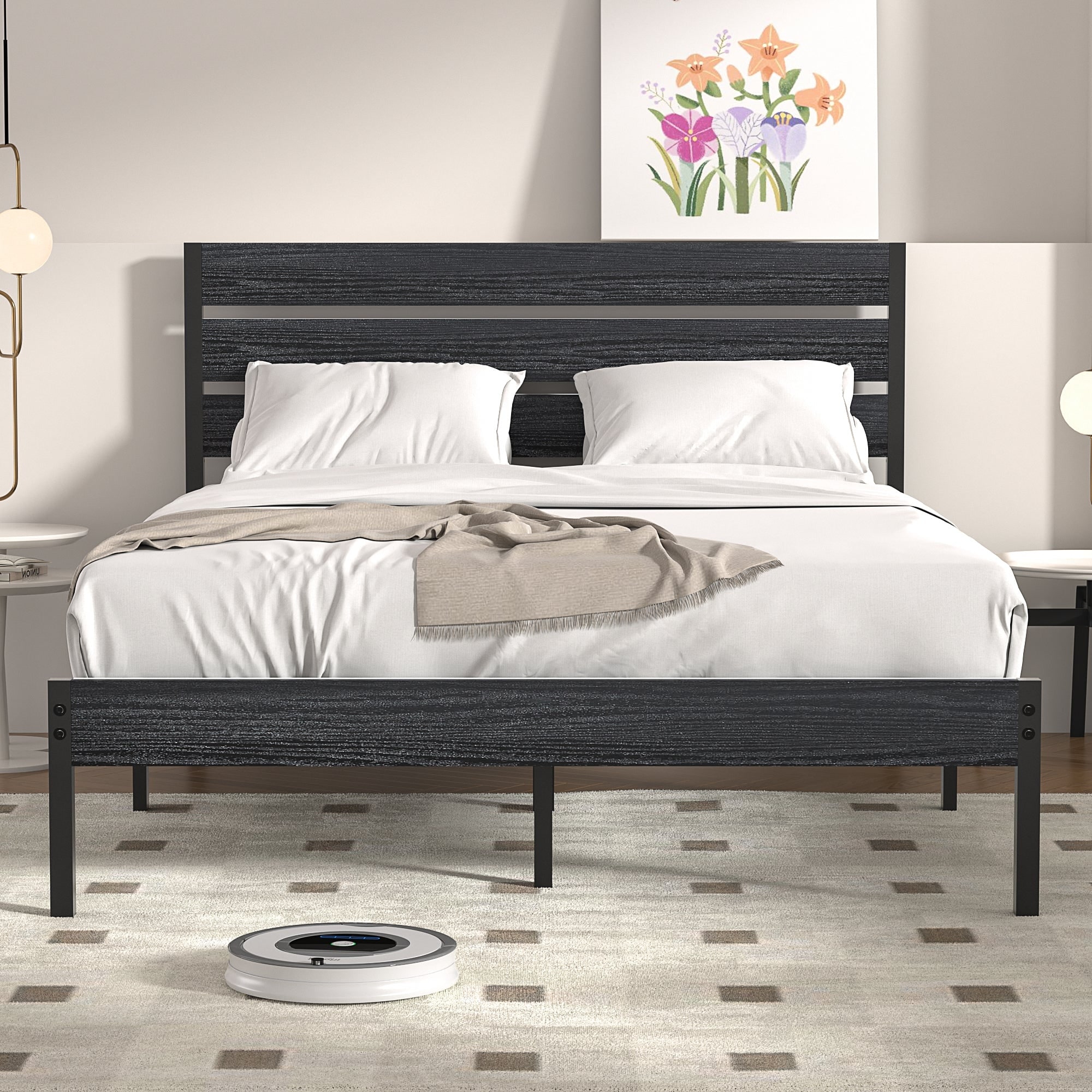 Javlergo Black Bed Frame with Wood Waterproof Scratch-Resistant Headboard Strong Metal Slats Support No Box Spring Needed
