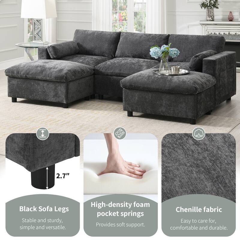 86.5" Chenille Modular Sofa with Storage Pockets, Movable Ottomans