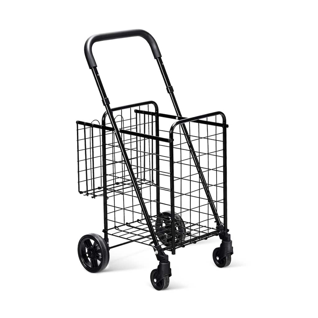 Lightweight Folding Shopping Cart with Double Basket and Adjustable Handle on Wheels - 17" x 19" x 35"/37.5" (L x W x H)
