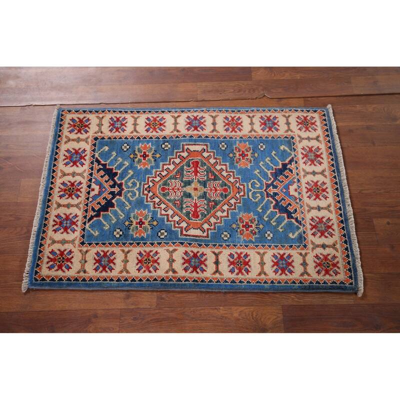 Blue Kazak Oriental Accent Rug Hand-Knotted Wool Carpet - 2'0" x 3'1"