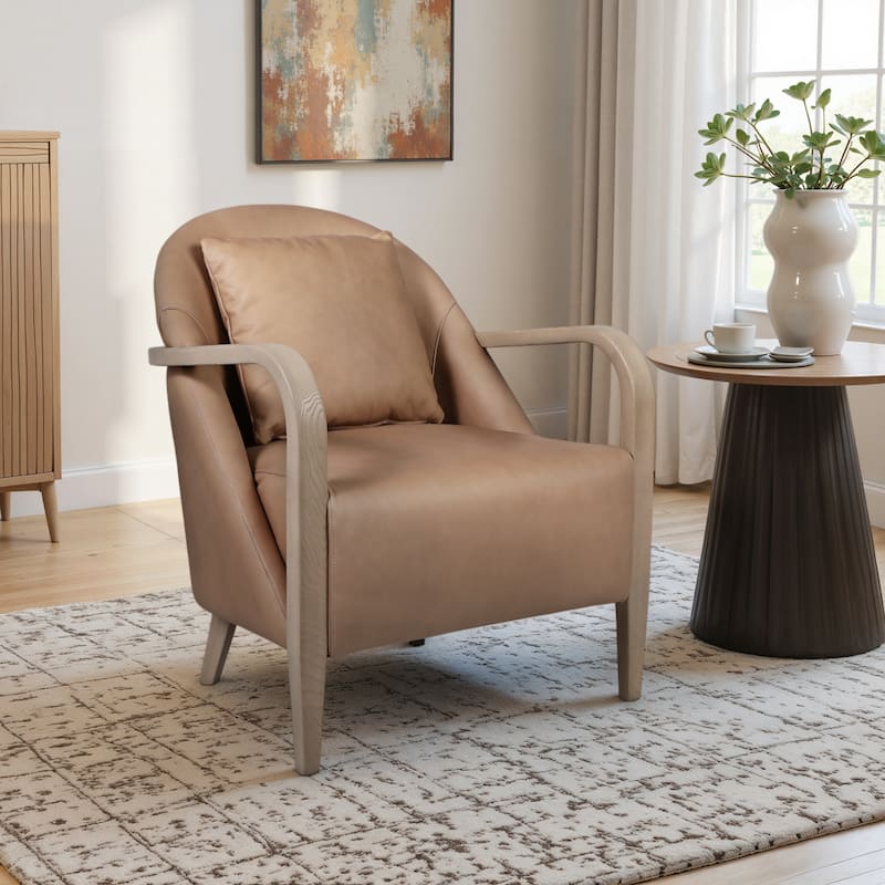 Faux Leather Wood Accent Chair Curved Armrests with Cushion - 33" Tan - 27" x 30" x 33" - 27" x 30" x 33" - Tan