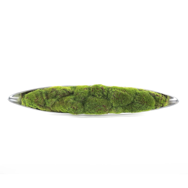 Faux Green Grass Moss Arrangement in Small Metal Boat Tray