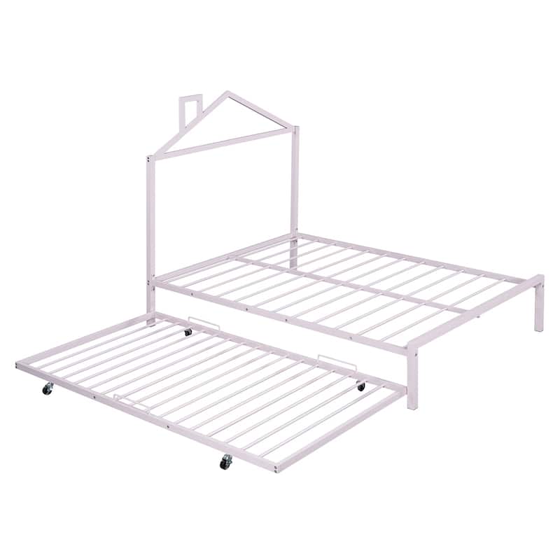 Full Size House Shaped Metal Platform Bed with Trundle