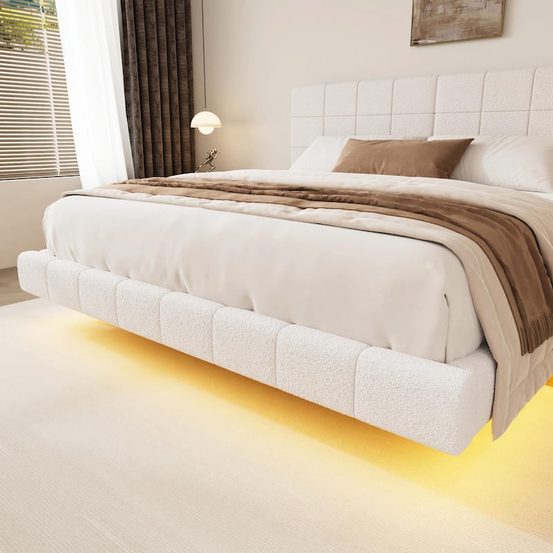White Bouclé Floating Bed with Ambient Light