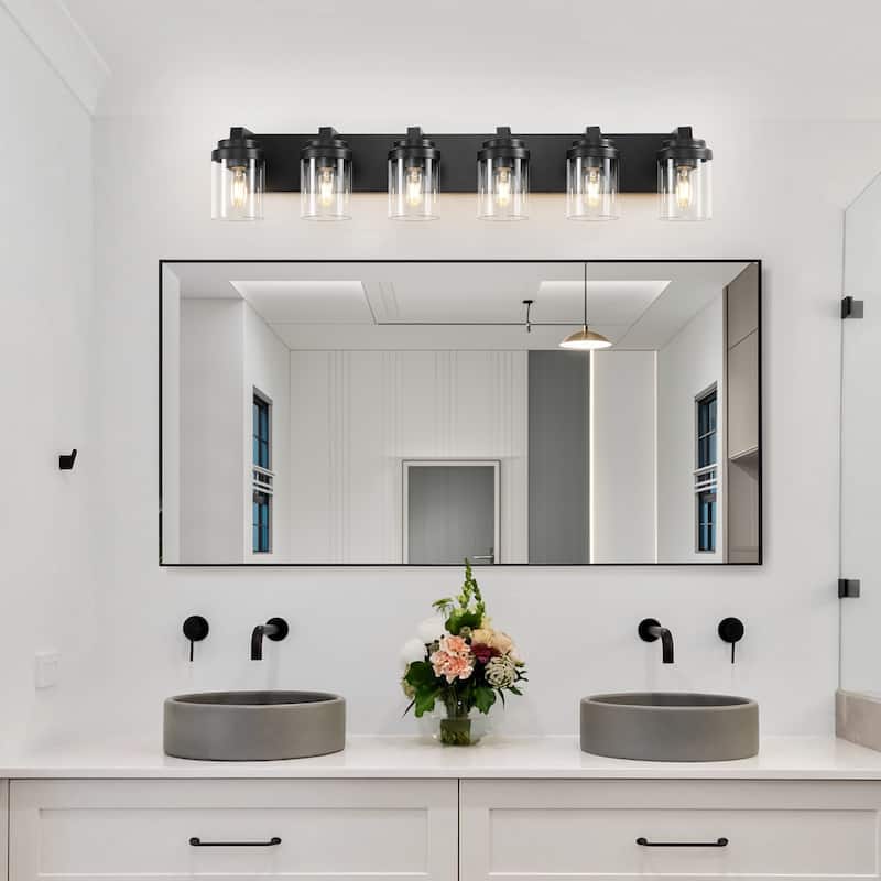 6 Light Bathroom Light Fixtures Over Mirror Bathroom Vanity Light, Black Vanity Lights with Clear Glass Shade