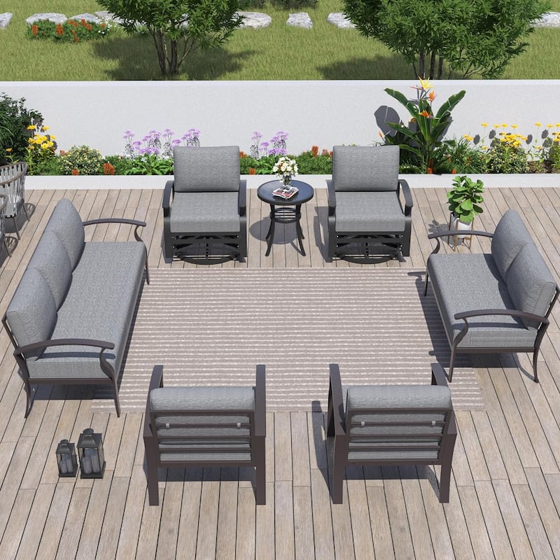 Kullavik Aluminum Outdoor Patio Furniture with Curved Armrests & Firepit Table - 9 seats - Grey